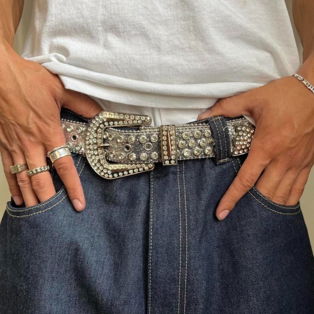 Rhinestone Embellished Black Leather Belt - Stylish Men’s Accessory